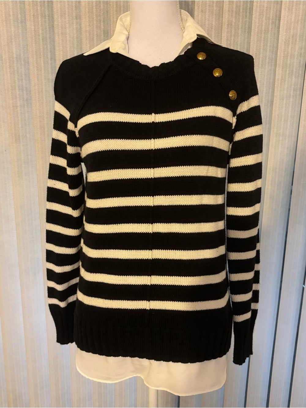 Lauren by Ralph Lauren Black & White Striped Faux-Layer Sweater